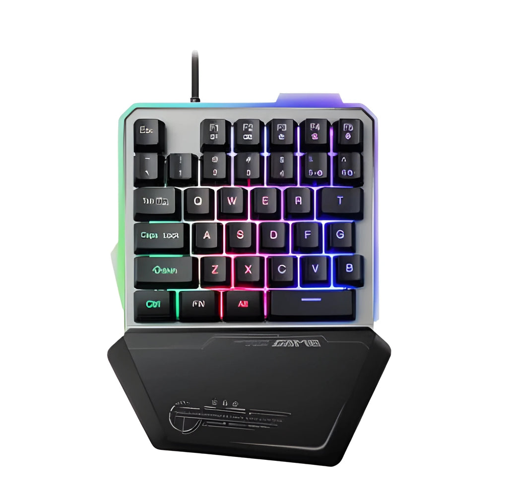G40 Flow black one-handed mechanical keyboard with RGB backlit keys on a desk