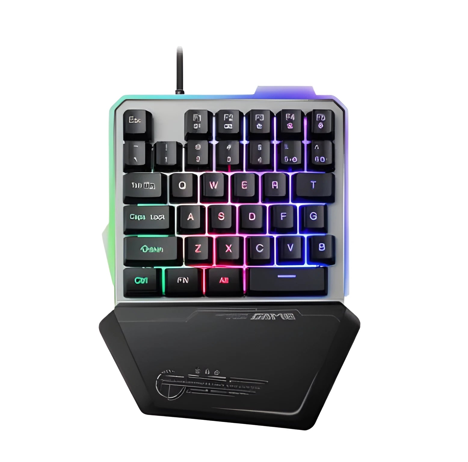 G40 Flow black one-handed mechanical keyboard with RGB backlit keys on a desk