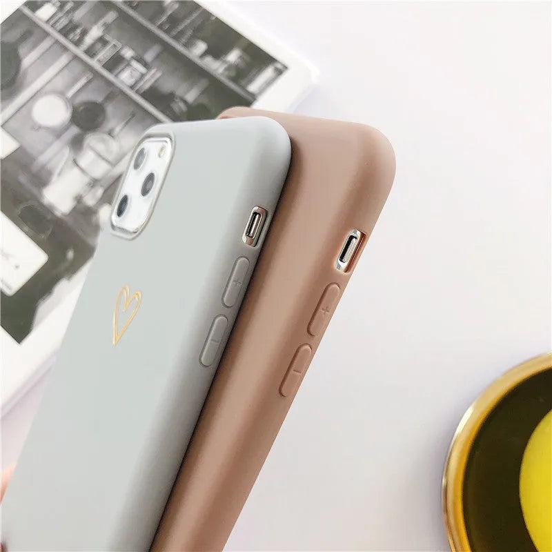 Hand painted love phone case in brown TPU matte feel with side lanyard holes and bronzing detail