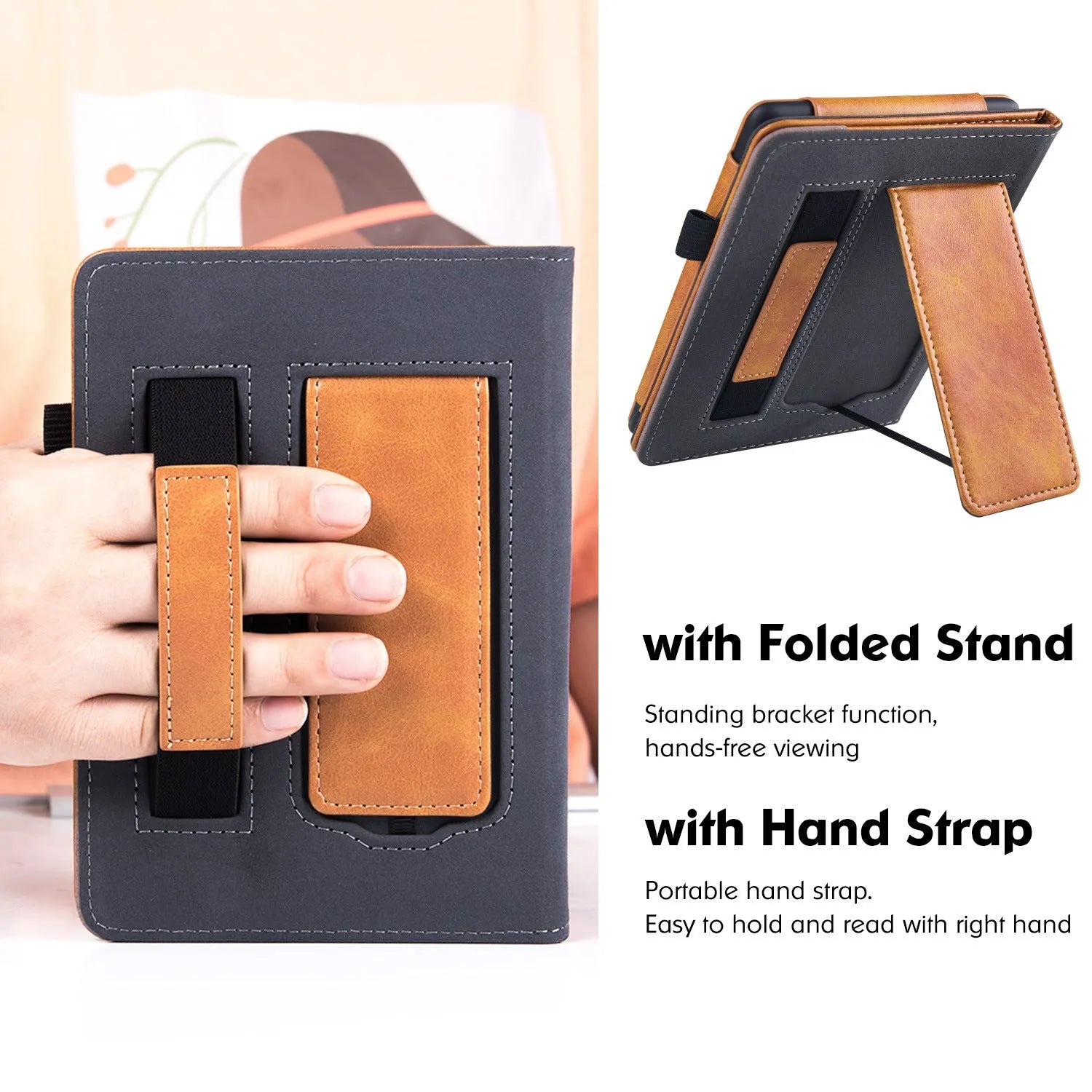 Leather protective case for Kindle Paperwhite5 e-reader with a removable wrist strap attached.