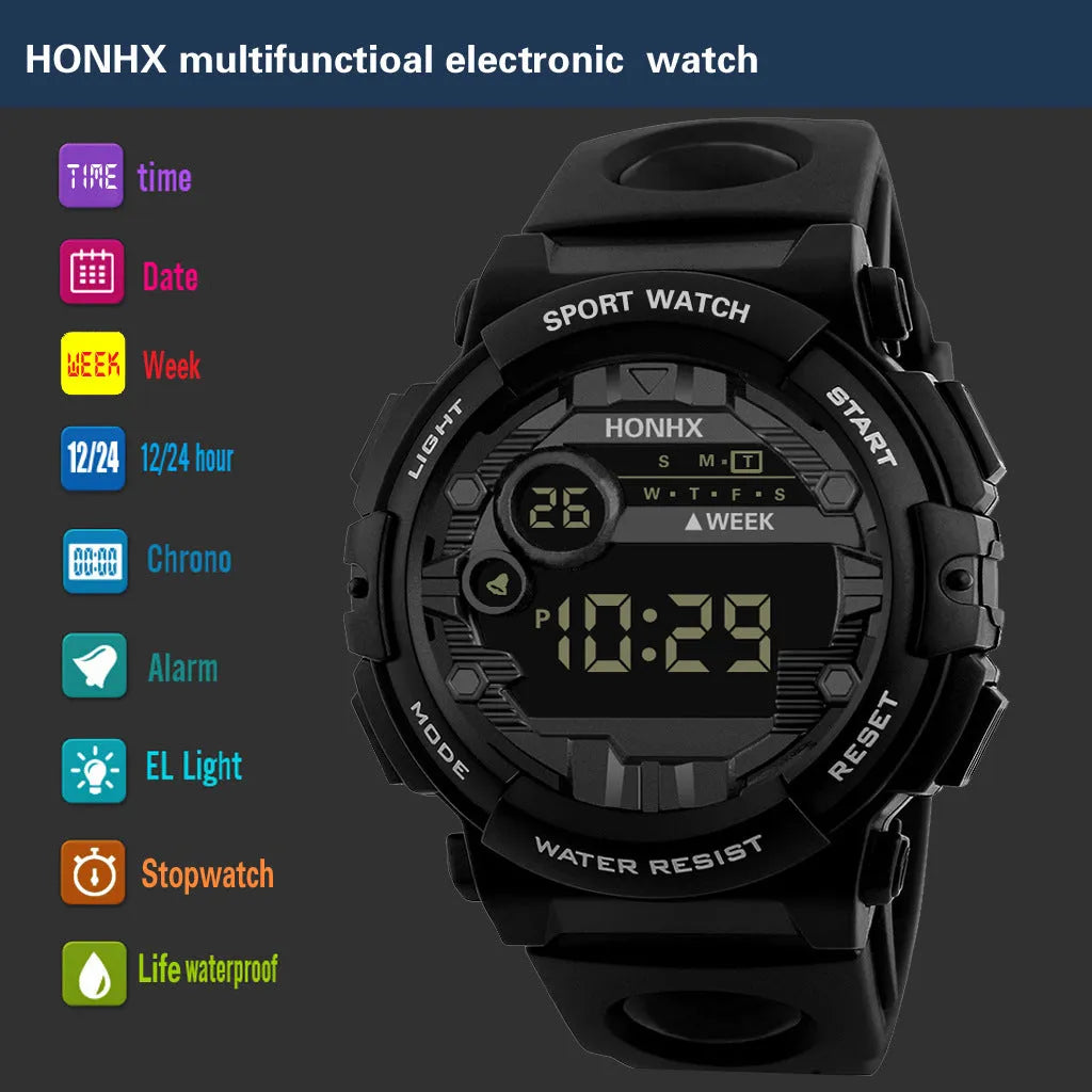 Digital watch with calendar alarm stopwatch LED display round resin case 43mm PU strap black blue red