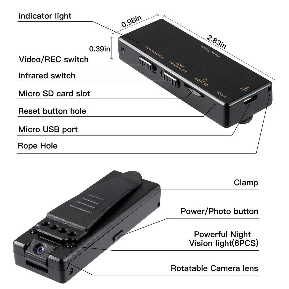 Black 1080p HD DV home camera with night vision, shown on a stand with a 90-degree rotation angle.