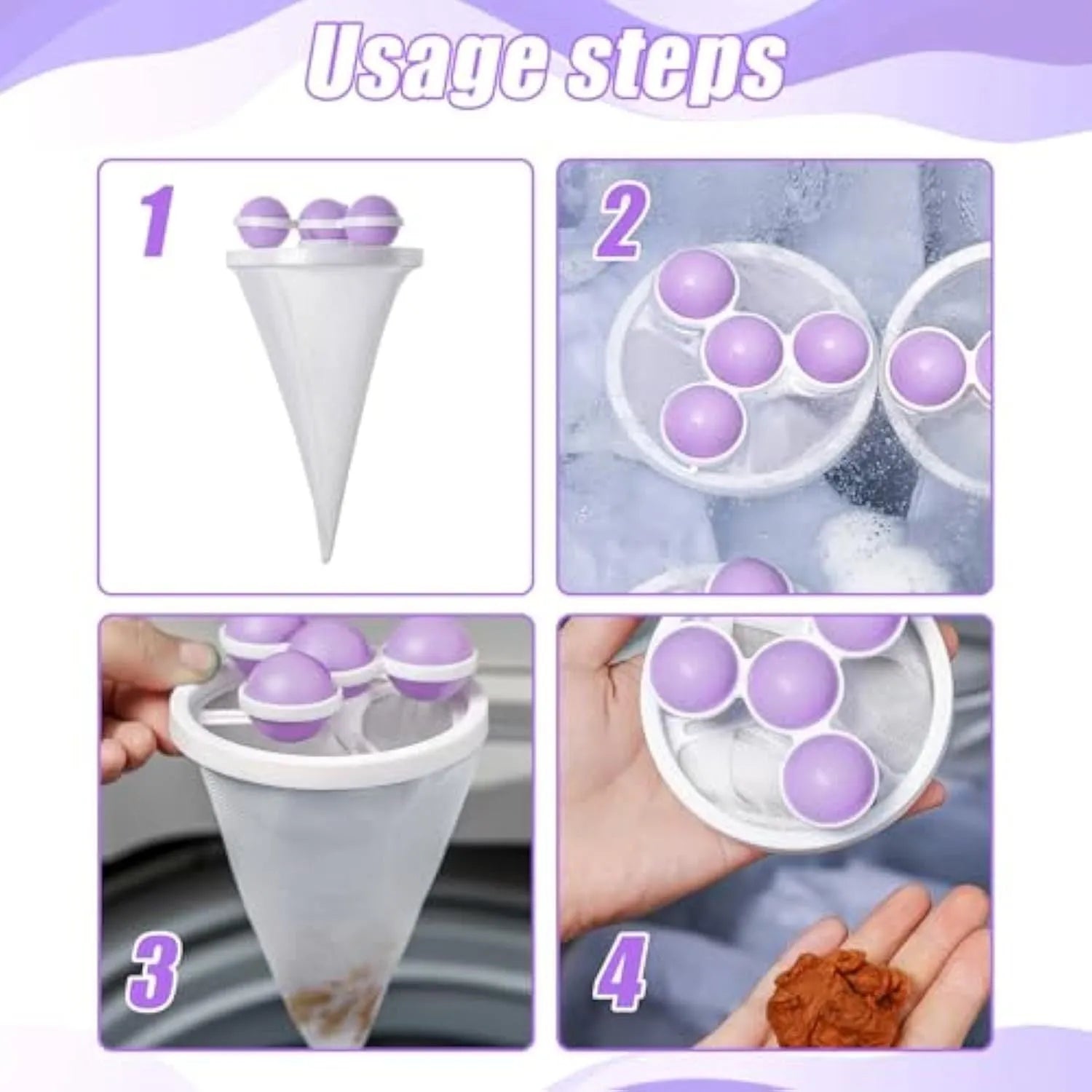 Set of three reusable pink blue and purple washing machine hair filter bags for pet lint removal.