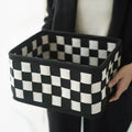 Checkerboard woven felt storage basket folded and unfolded showing 37x29x19.5cm dimensions