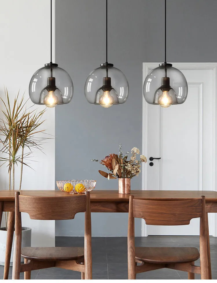 Modern minimalist glass chandelier with smoky gray shade and three-head long platter, suitable for dining room or bedroom