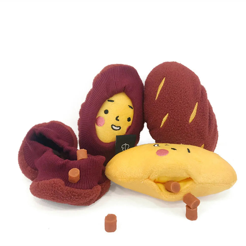 Red sweet potato shaped pet puzzle toy with hidden treat compartment and amusing face expression