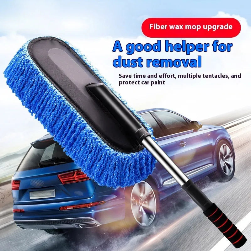 Blue retractable car wash mop with nano fibre head extending from 75cm to 86cm on a car bonnet