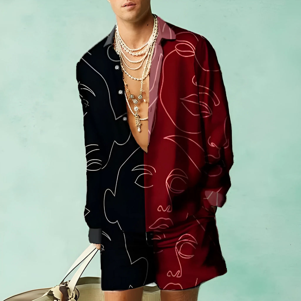 Men's slim-fit long sleeve shirt and matching shorts casual summer two-piece set
