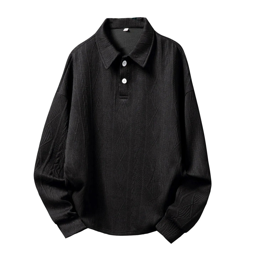 Men's texture jacquard lapel sweater loose fit autumn pullover black solid colour front view