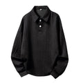 Men's texture jacquard lapel sweater loose fit autumn pullover black solid colour front view