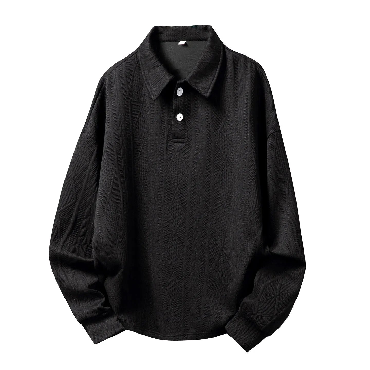 Men's texture jacquard lapel sweater loose fit autumn pullover black solid colour front view