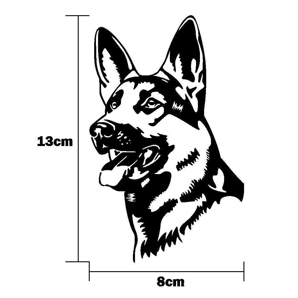Reflective silver white Alsatian German Shepherd car bumper sticker on a vehicle.