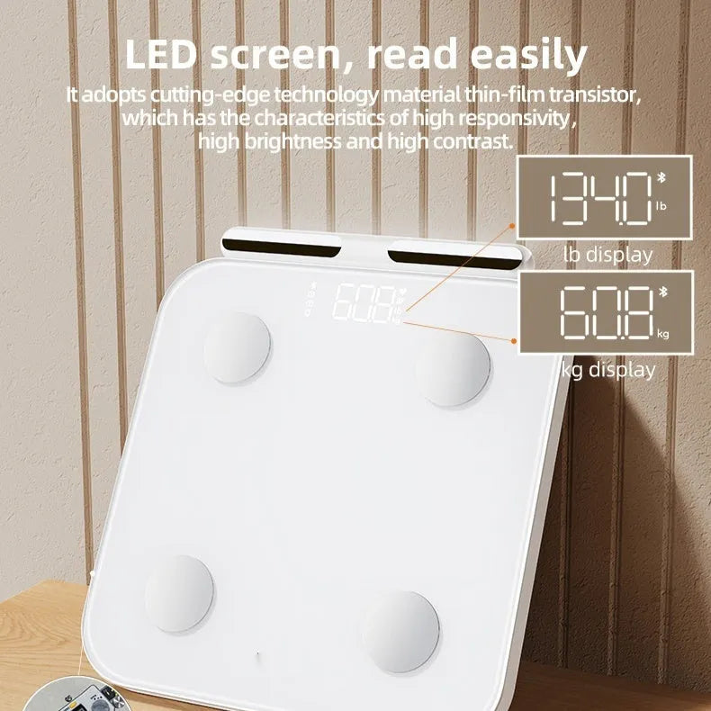 White smart body fat scale with 8 silver electrodes and LED display on tempered glass.