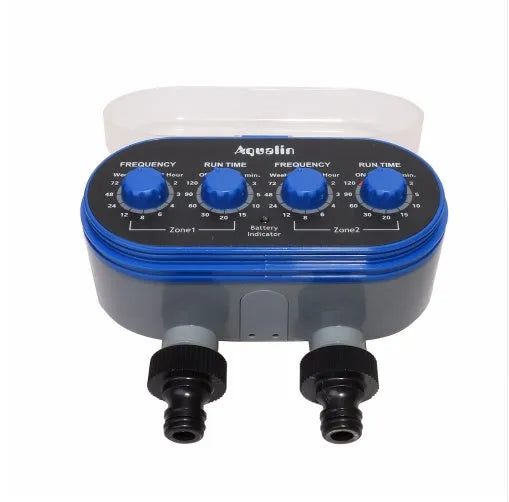 Dual Timed Irrigation Controller automatic garden watering device with battery compartment and hose connections