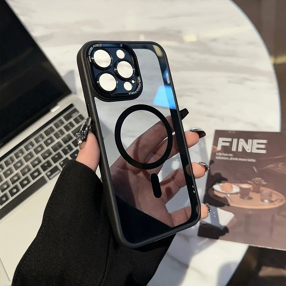 Transparent metal acrylic magnetic suction TPU phone case for iPhone, black and purple colour options