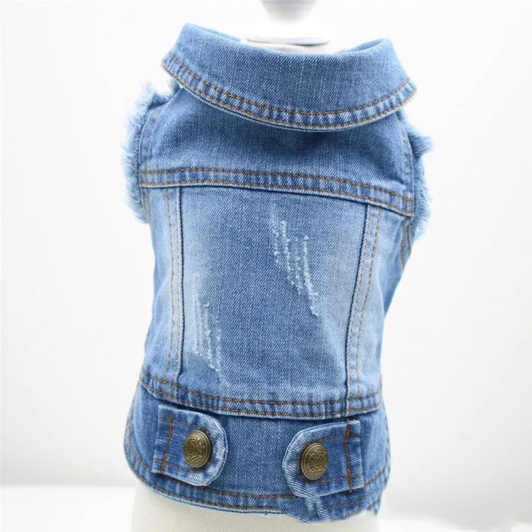 Denim dog vest with retro scratch pattern in dark and light colours for small dogs
