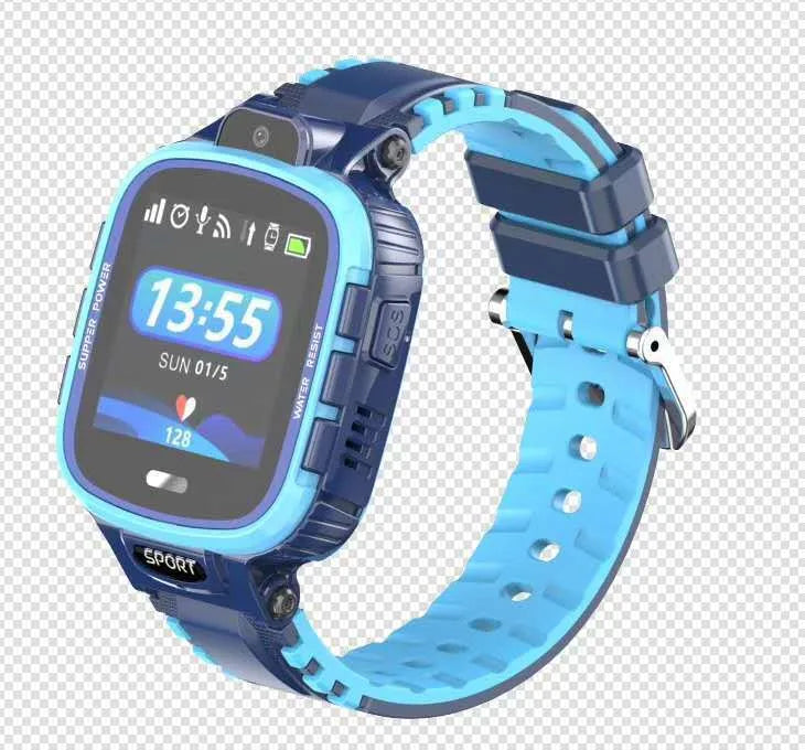 Children's GPS smart watch with camera and touch screen in blue, showing the 1.44-inch display and silicone strap