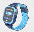Children's GPS smart watch with camera and touch screen in blue, showing the 1.44-inch display and silicone strap