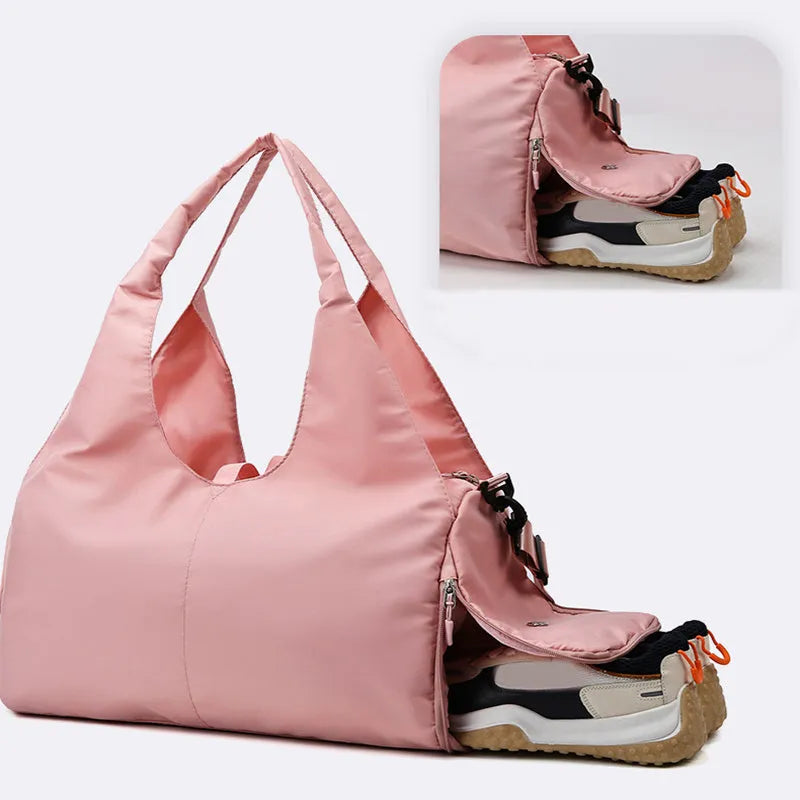 Women's large capacity Oxford cloth yoga bag with dry and wet separation in grey, shown with a yoga mat and laptop inside