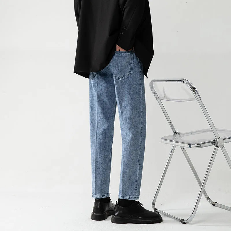 Men's light blue cropped pants, loose straight leg, zip fly, non-ironing polyester denim look, sizes S-3XL
