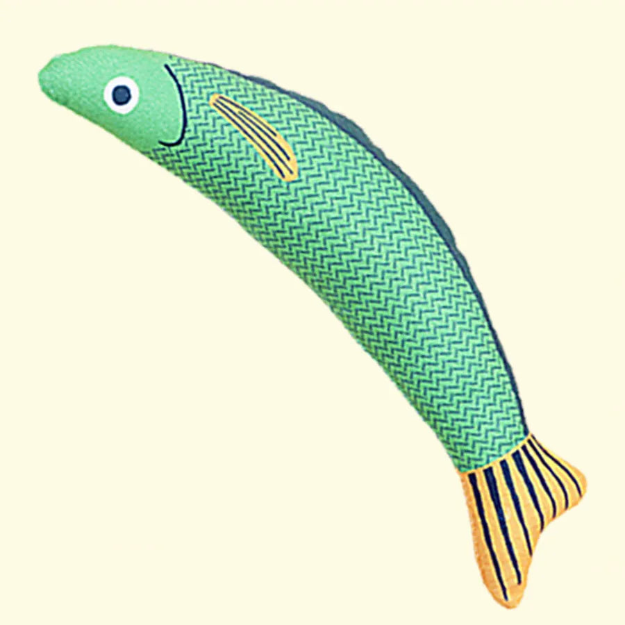 Plush fish-shaped cat kicker toy with organic catnip filling in green, orange and yellow colours
