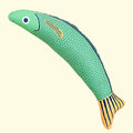 Plush fish-shaped cat kicker toy with organic catnip filling in green, orange and yellow colours