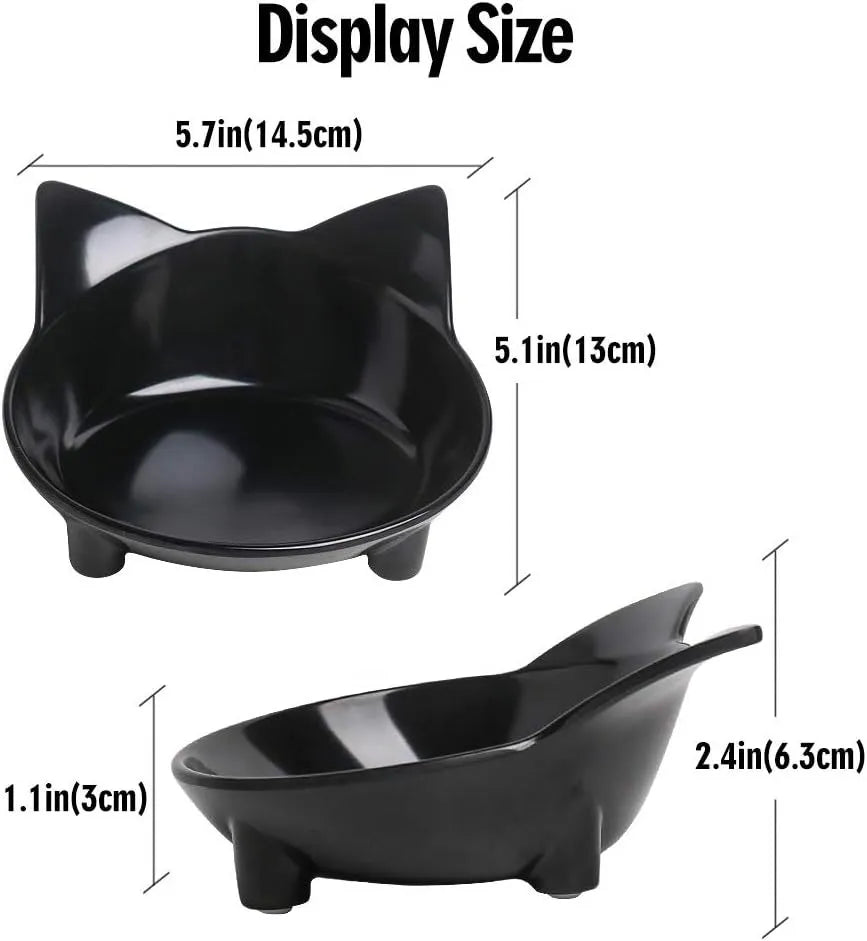 Shallow black melamine cat bowl with non-slip rubber base on a kitchen counter.