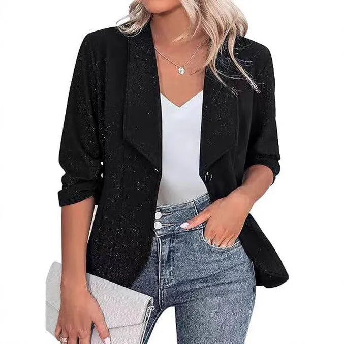 Women's slim fit cardigan suit jacket in polyester available in black, white, or wine red