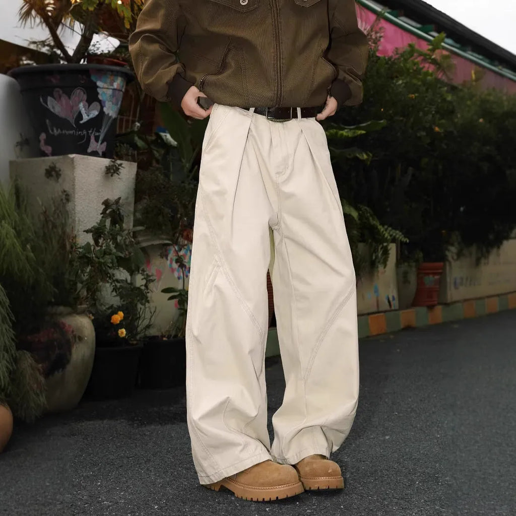 Men's pleated straight leg trousers in stripe pattern with mid waist design