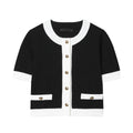Women's beaded leather detail top and high-waisted stretch trousers suit set in street fashion style.
