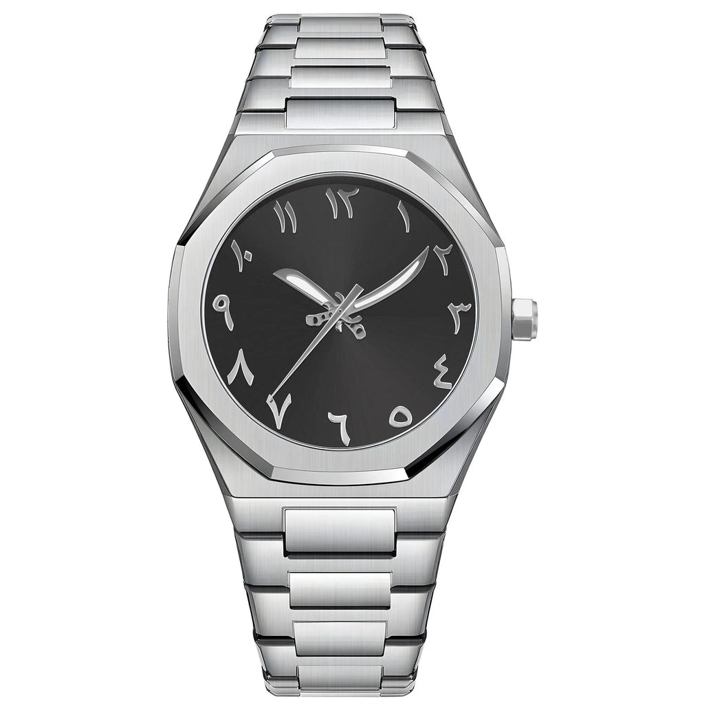 Men's business casual watch with steel bracelet showing black dial and silver scales