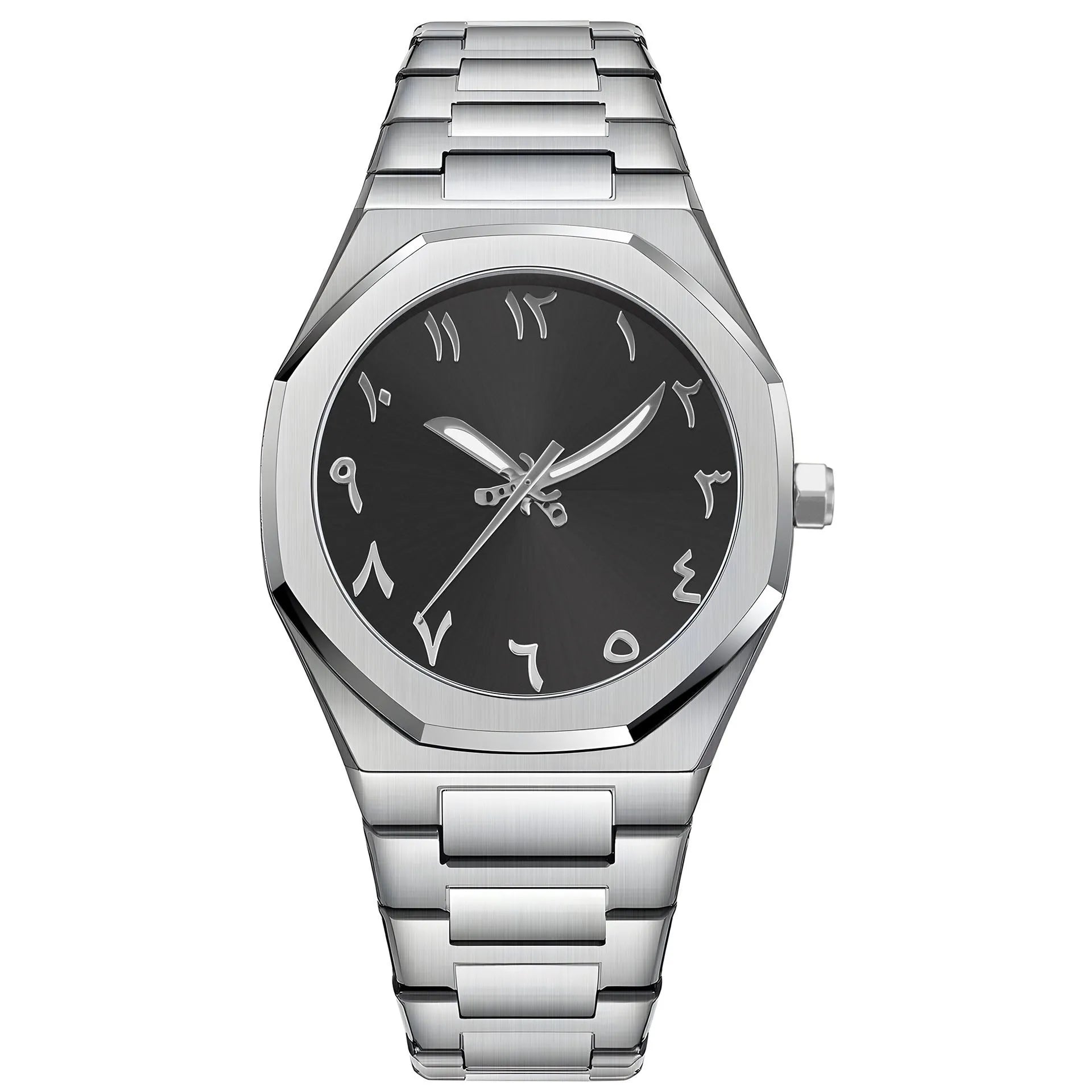 Men's business casual watch with steel bracelet showing black dial and silver scales