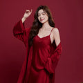 Red ice silk polyester wedding dowry suit set for men and women with long sleeves