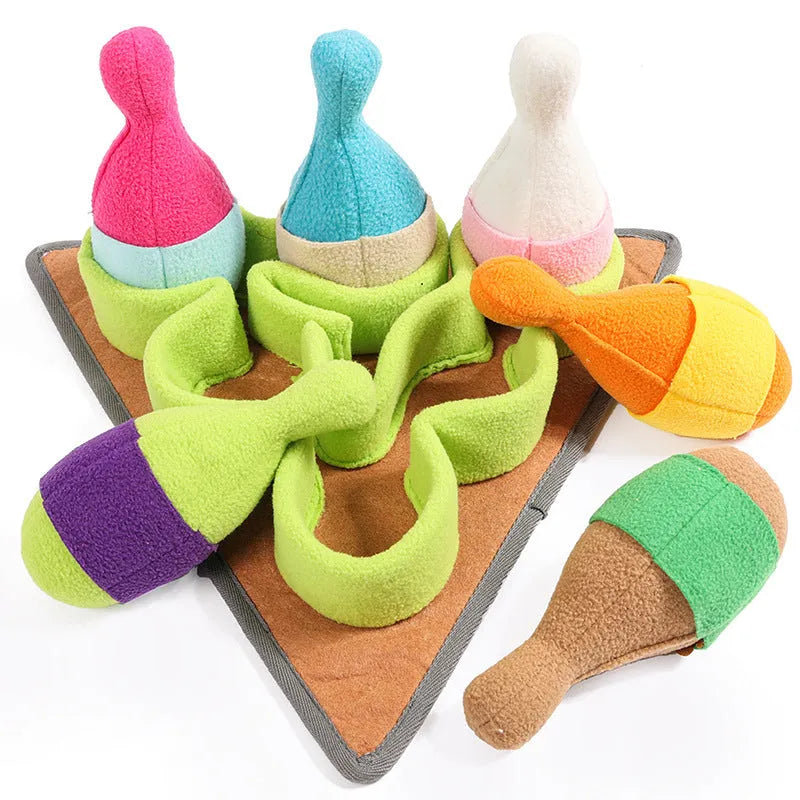 Pet Puzzle Play bowling toy set with sound, made from polar fleece, measuring 34.5 x 34.5 x 18 cm