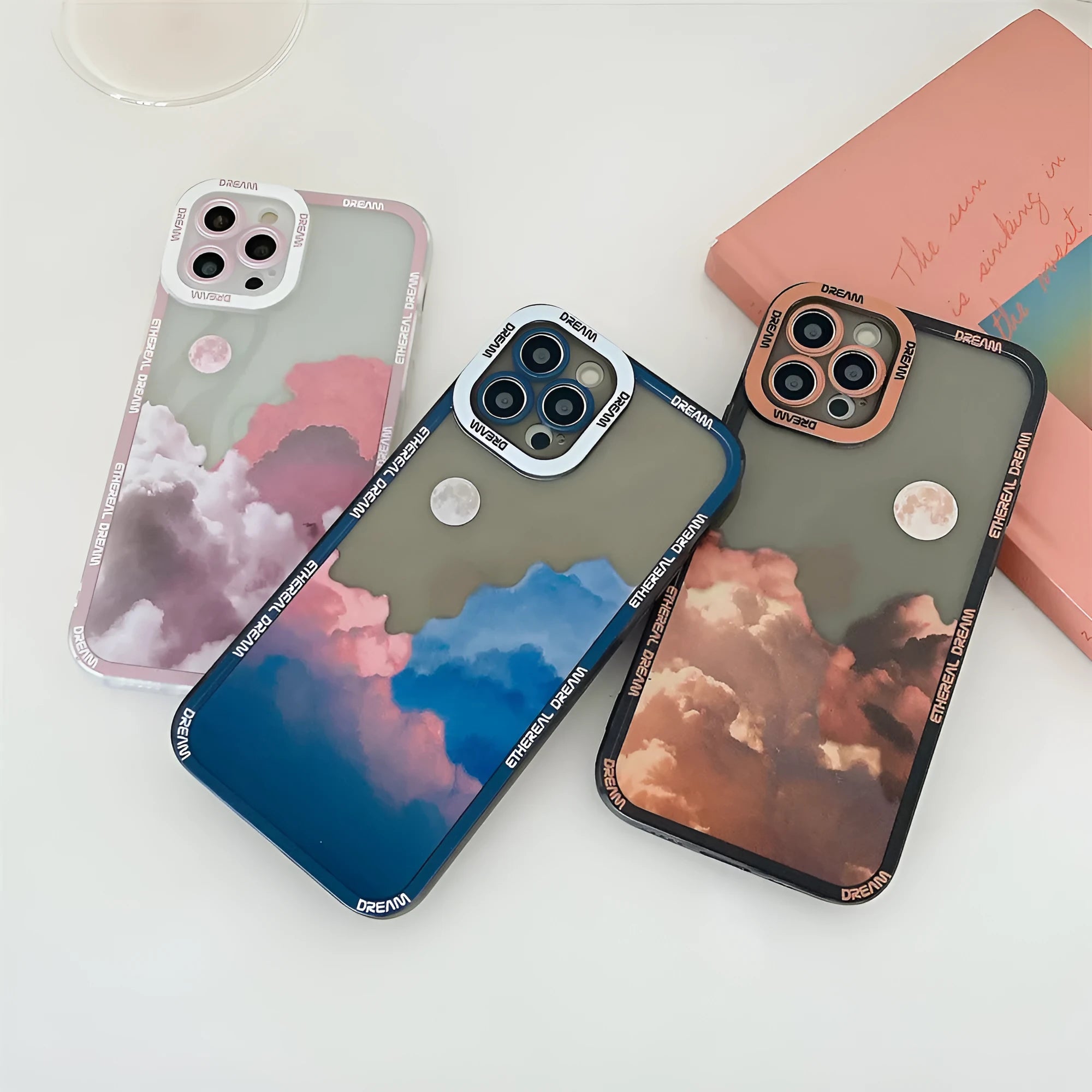 Sunset clouds and starry sky design TPU back cover case for iPhone on a blue sunset background.