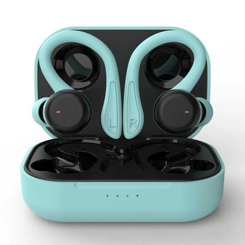 True wireless sports headphones with black hanging ear design, removable ear hooks and charging case.