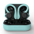 True wireless sports headphones with black hanging ear design, removable ear hooks and charging case.