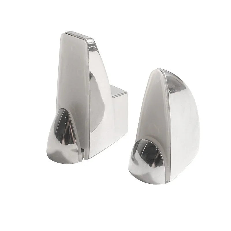 Electroplated adjustable glass partition holder in Olecranon and Fish Mouth styles with multiple size options.