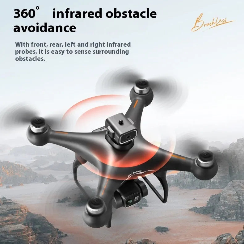 Black and white compact brushless UAV drone with four propellers and a camera, shown with its remote control.