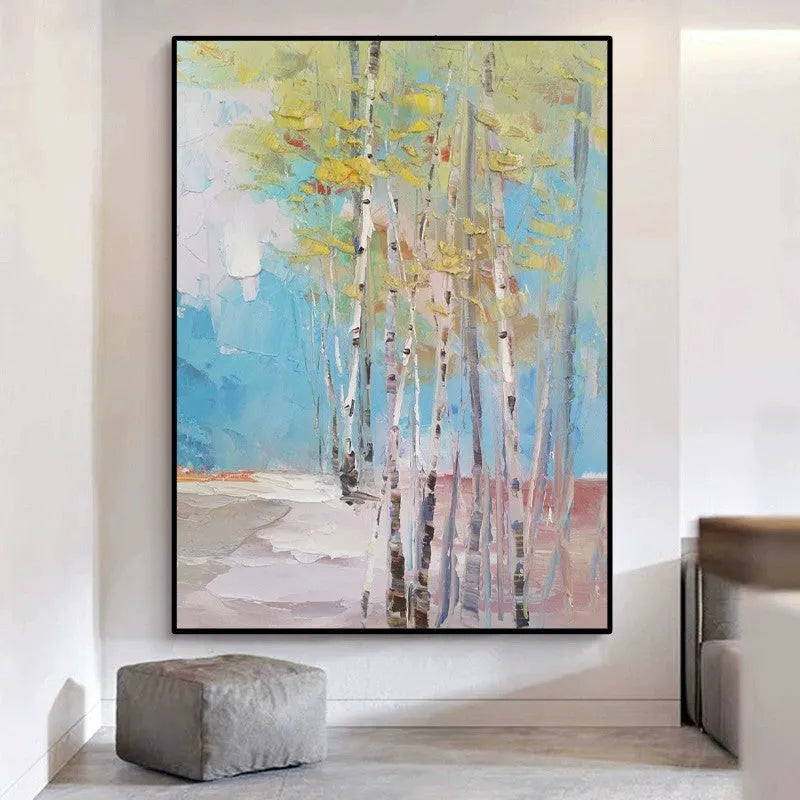 Handmade oil painting of a birch forest landscape on canvas, frameless and unstretched for wall decor