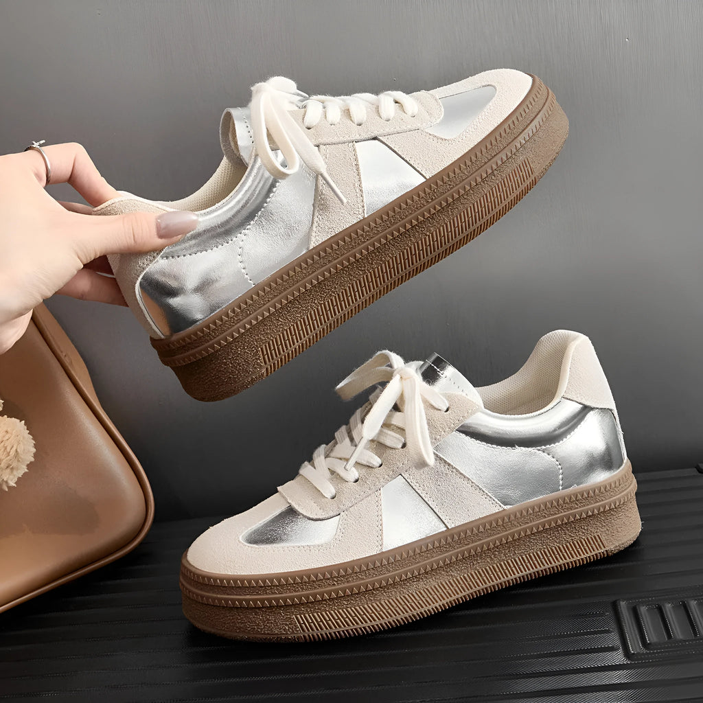 Retro round toe sports board shoes with cross straps in matte milky white or silver
