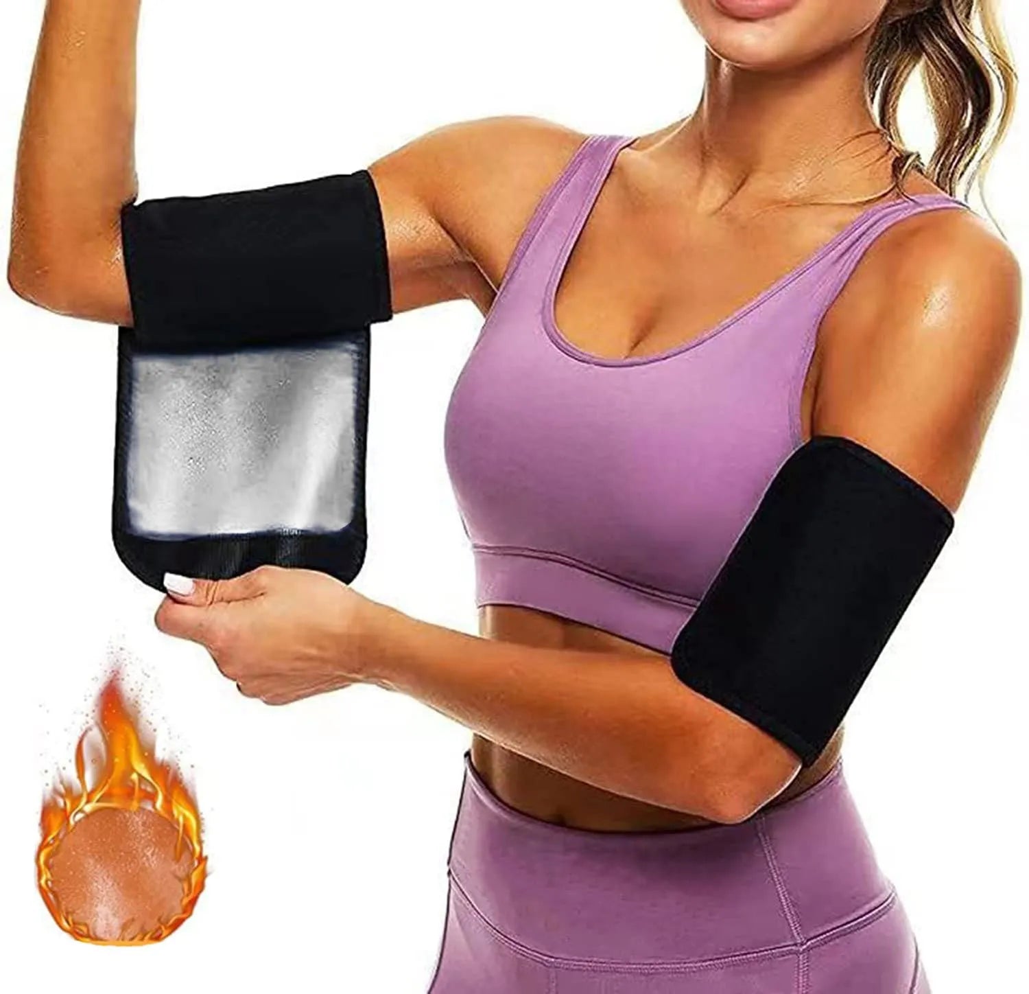 Adjustable neoprene sports armband with buckle, shown in blue, secured on an arm during exercise.
