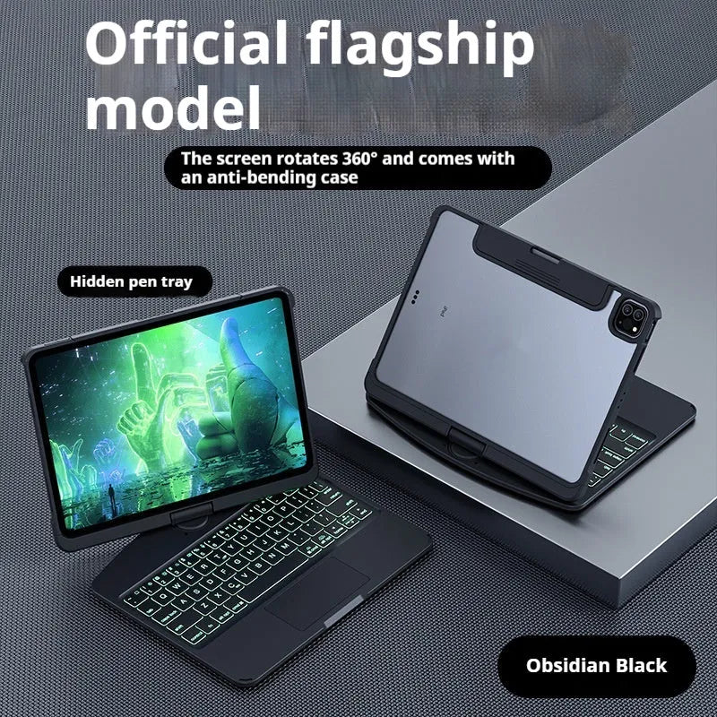 Transparent rotating keyboard case for Apple iPad Air 5 tablet showing adjustable hinge and wireless keyboard