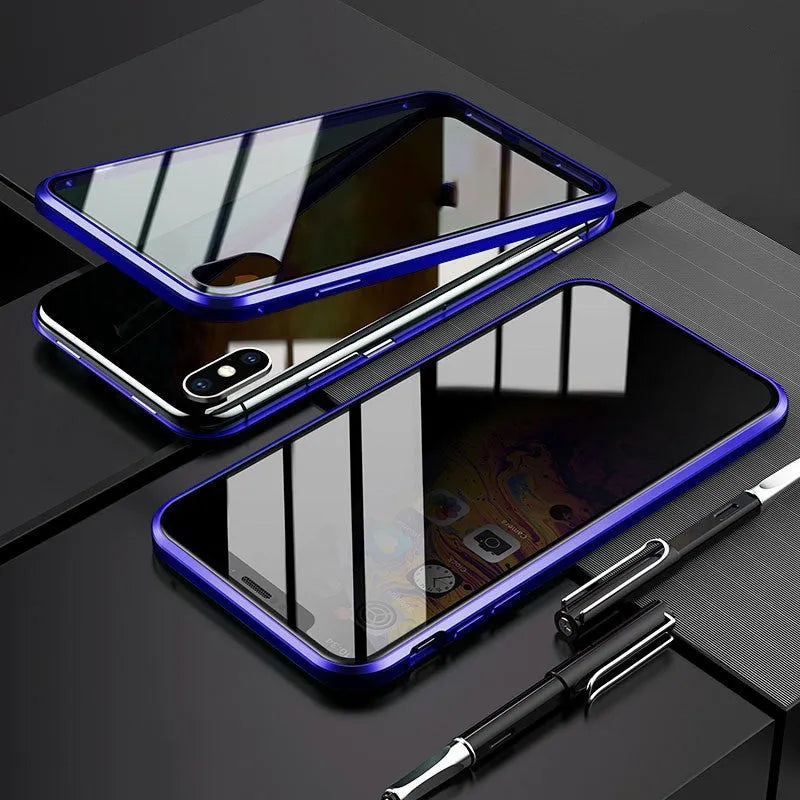 Double-sided tempered glass magnetic phone case for iPhone with clamshell design and anti-peeping function