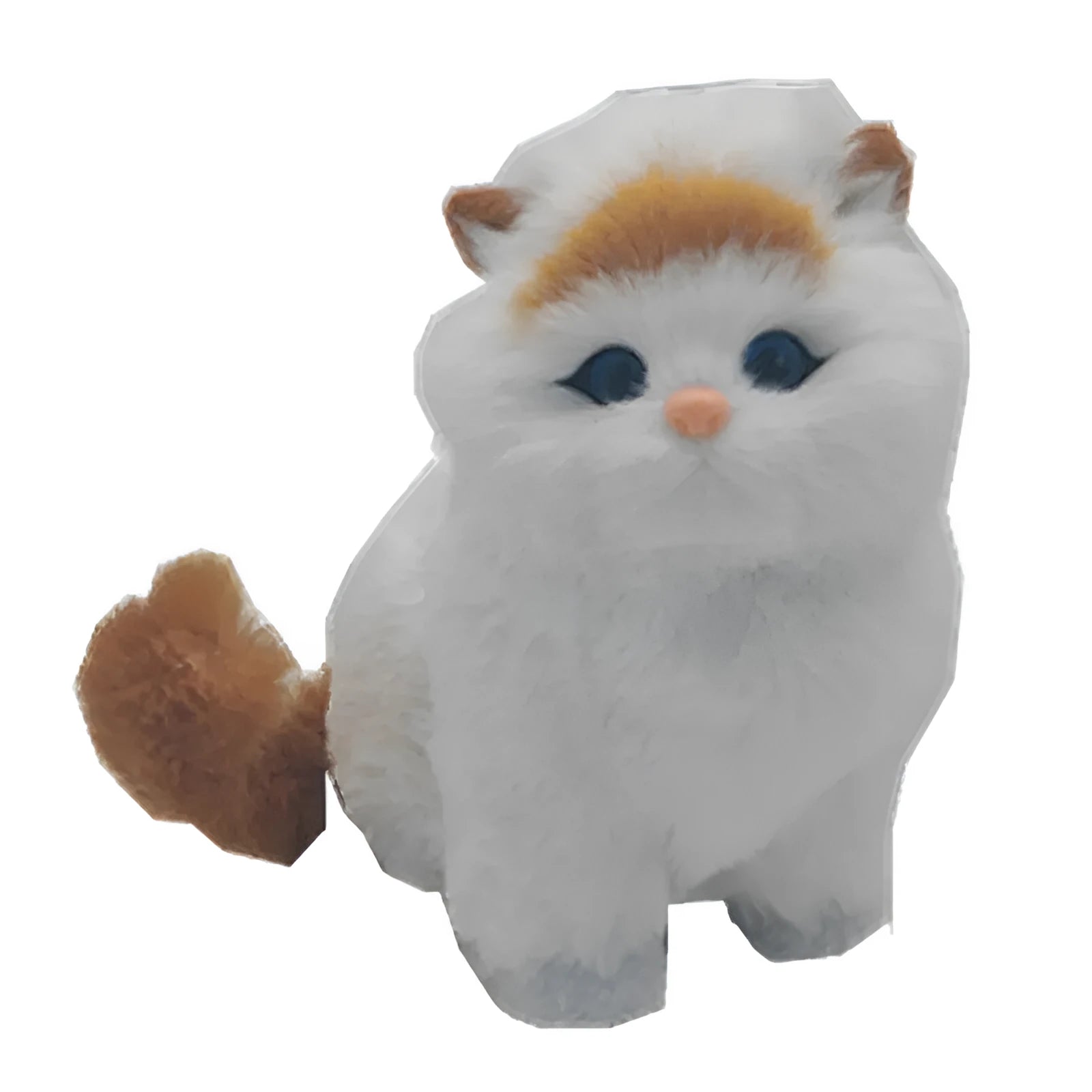 Handmade faux fur yellow head fat cat ornament 16.5cm high with call device on shelf display