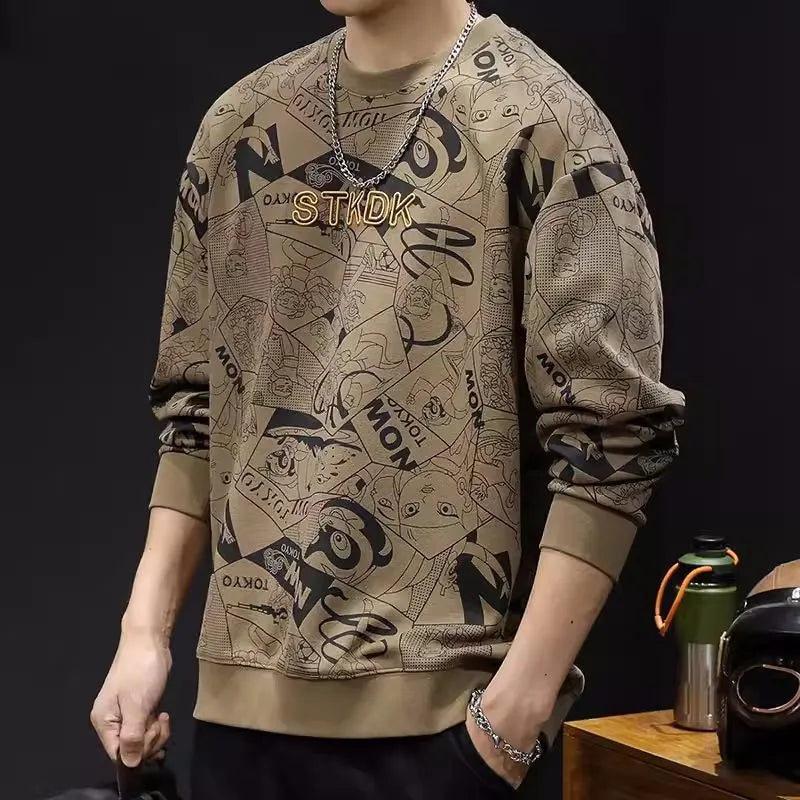 Men's round neck print sweatshirt, long sleeve loose fit, wool lined, brown or green, sizes XS to 5XL