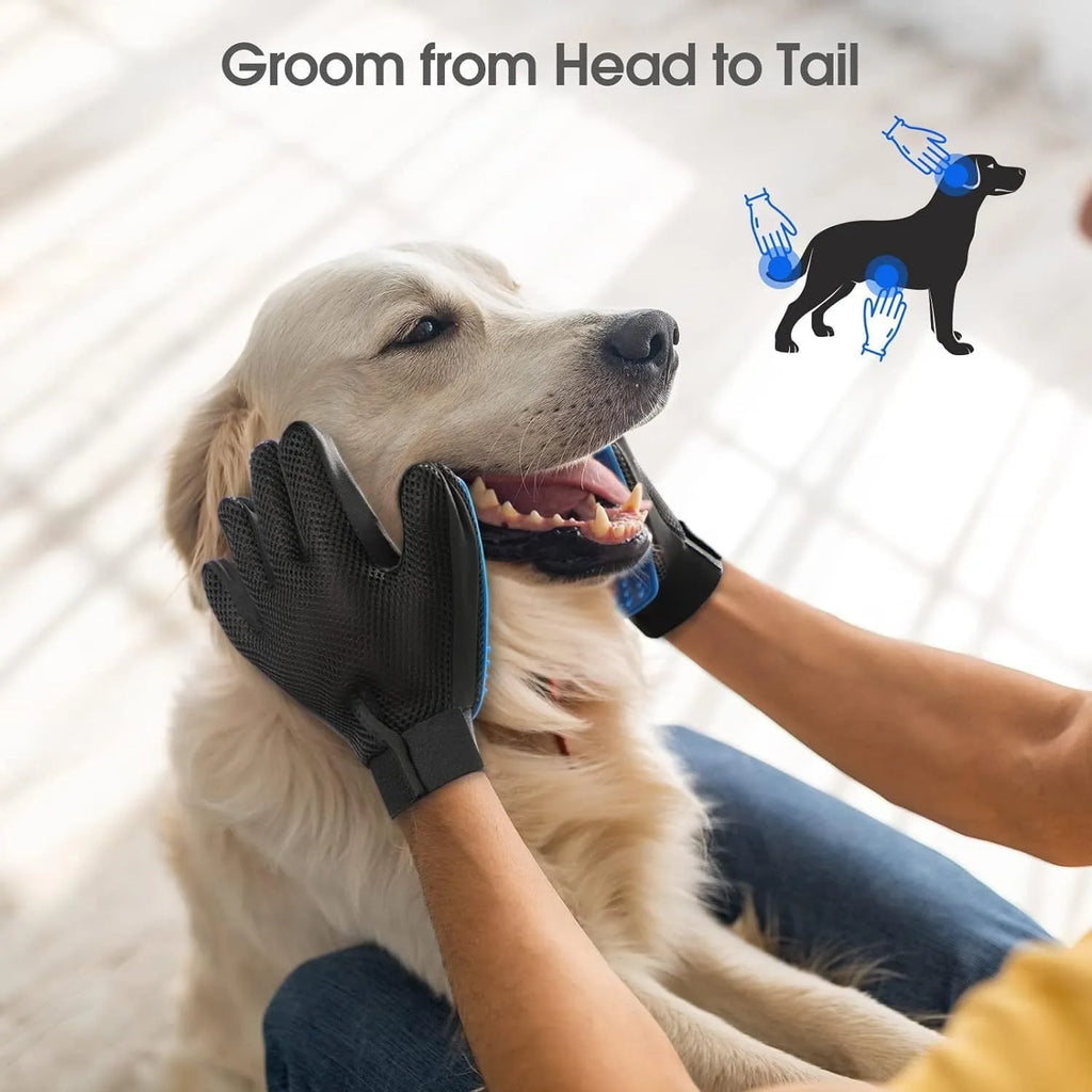 Blue pet grooming gloves with silicone massage tips for dogs cats horses hair removal