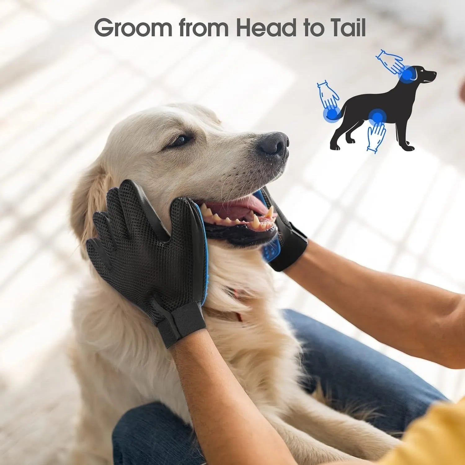 Blue pet grooming gloves with silicone massage tips for dogs cats horses hair removal