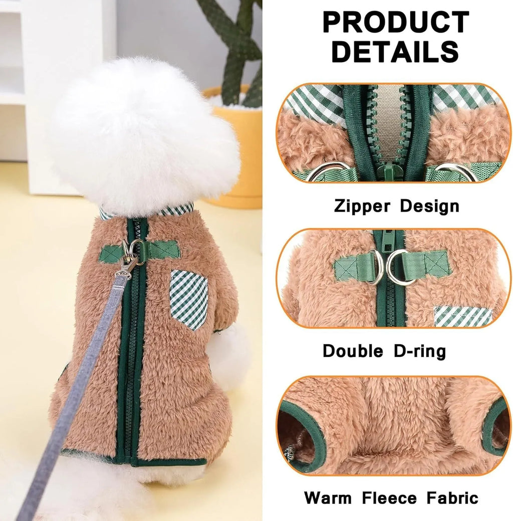 Green fleece dog coat with four-leg jumpsuit design and back zipper closure on a small dog