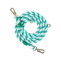 Woven rainbow colour dog leash with gold fittings, showing the double-headed rope design on a 250cm lead.